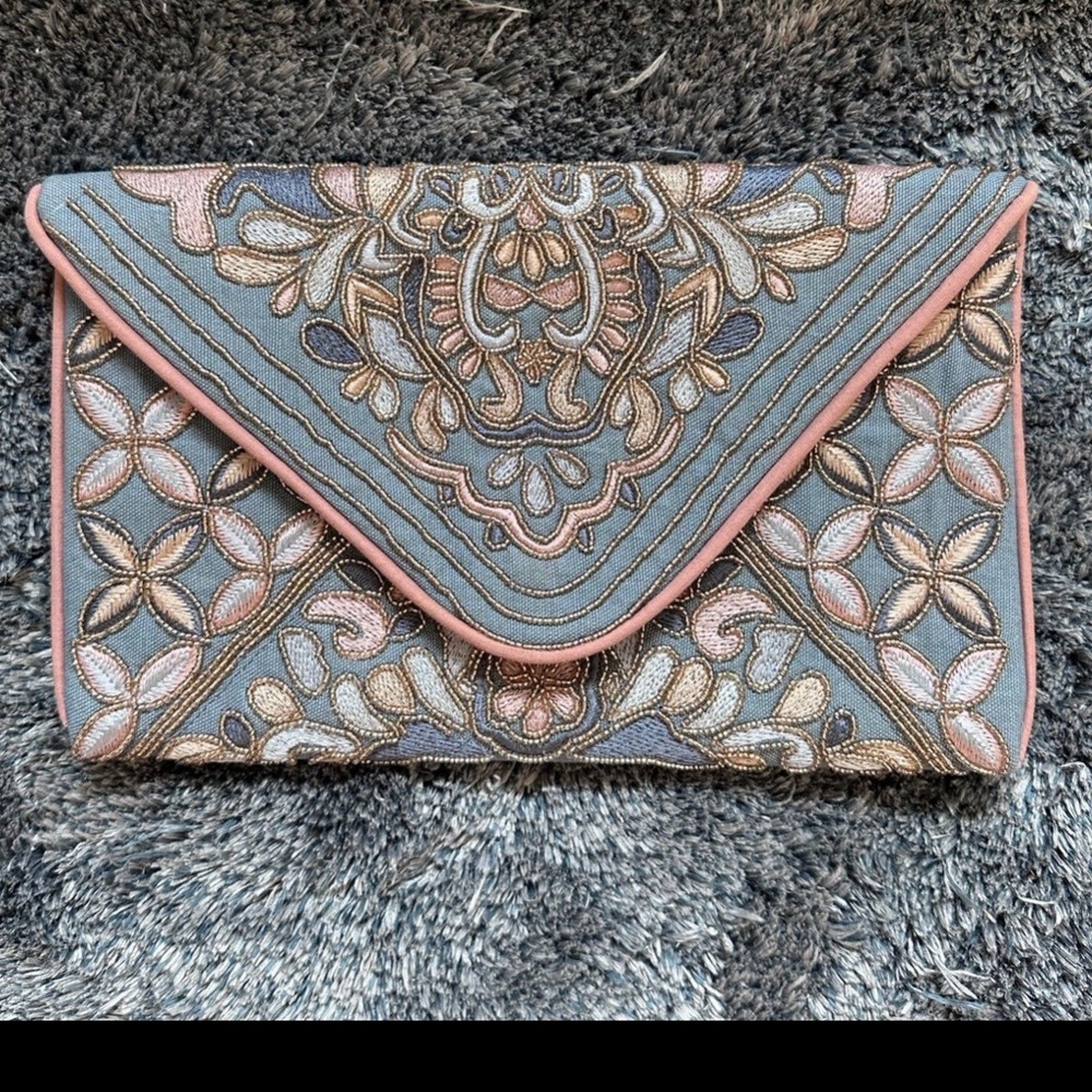 Francesca’s beaded boho envelope clutch linen blue coral pink hippie purse